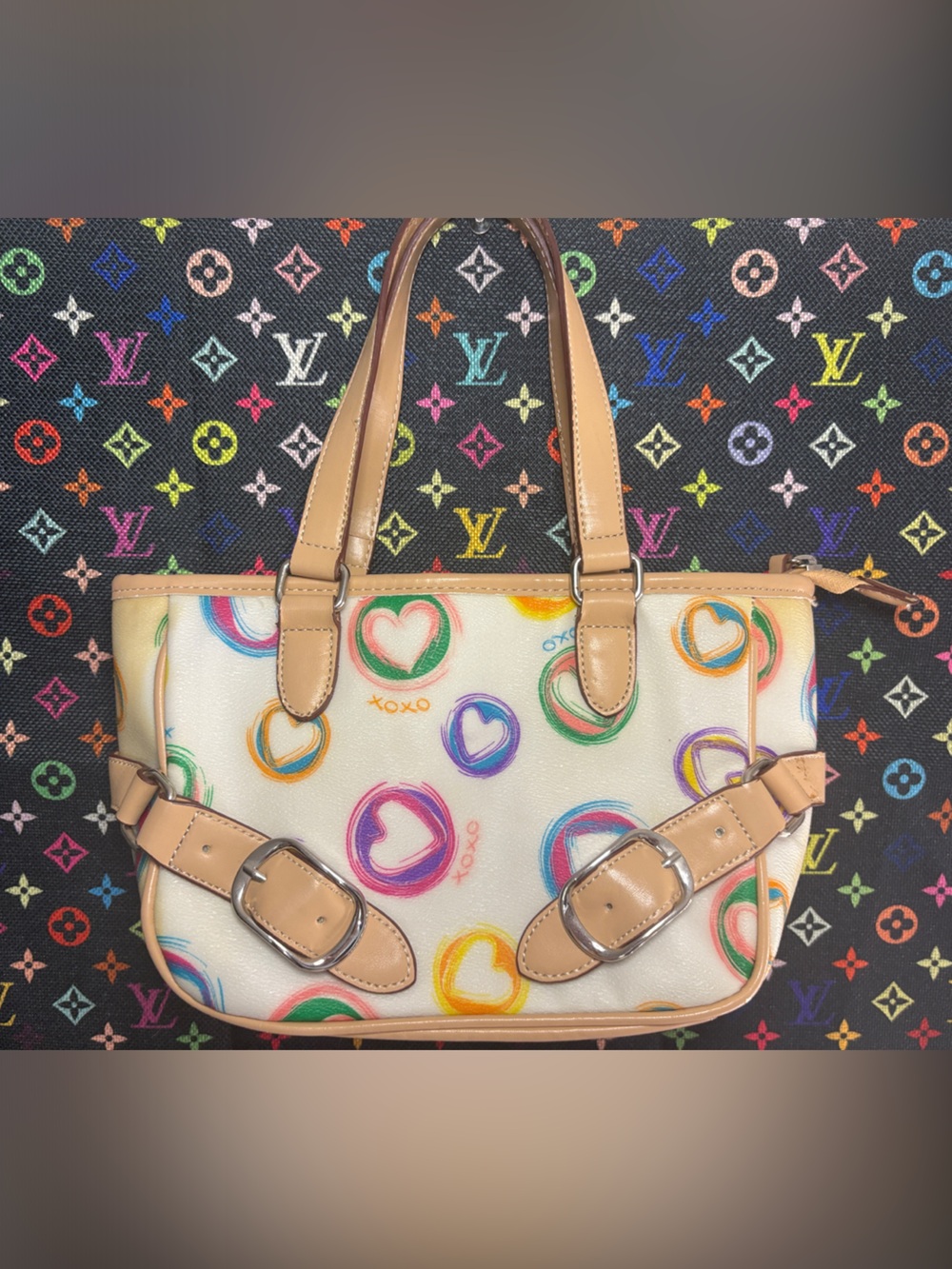 XOXO Y2K Cream Multicolor Heart Print Shoulder Bag with Tan Trim